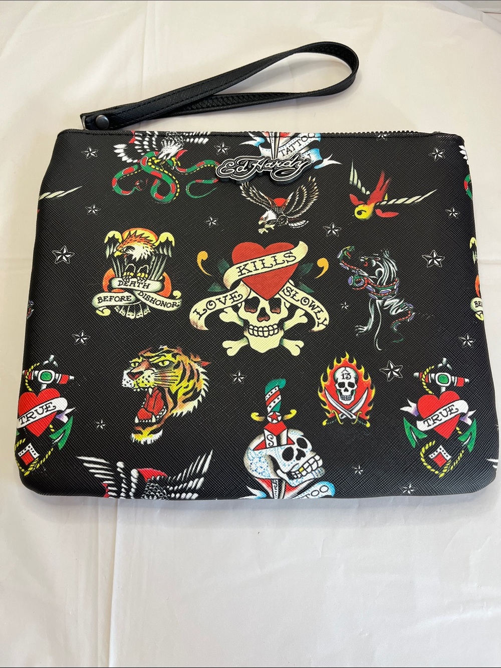 Ed Hardy Black Tattoo Motif Wristlet Clutch with Multicolor Prints
